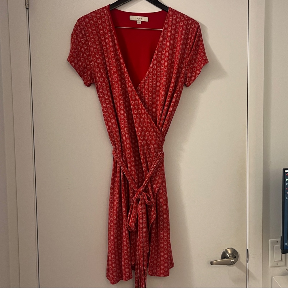 LOFT Red Patterned Wrap Dress
